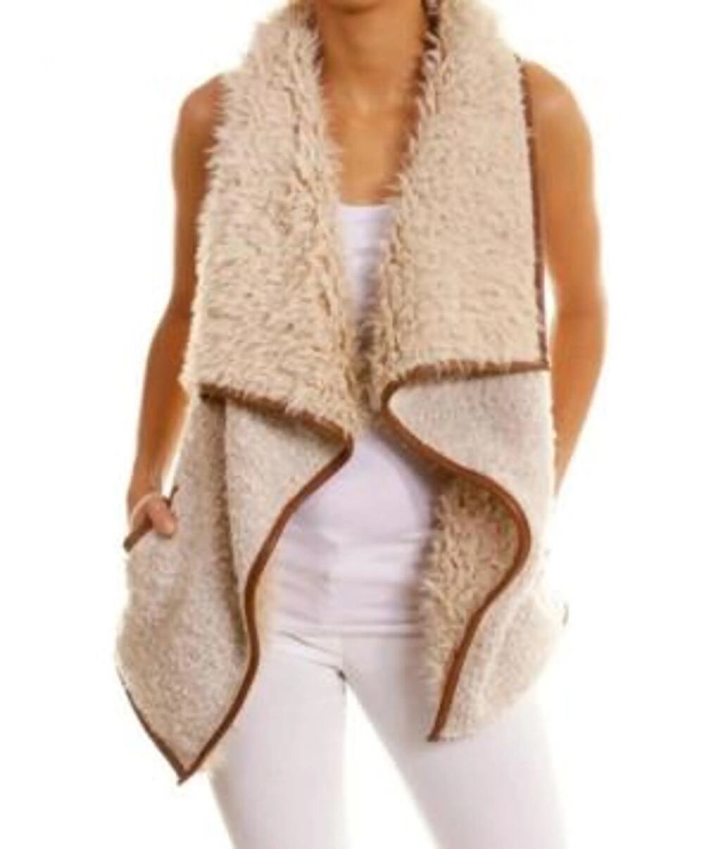 BB Dakota Fur Vest Women's Size Large Cream Faux Fur Brown Trimmed Vest Festival